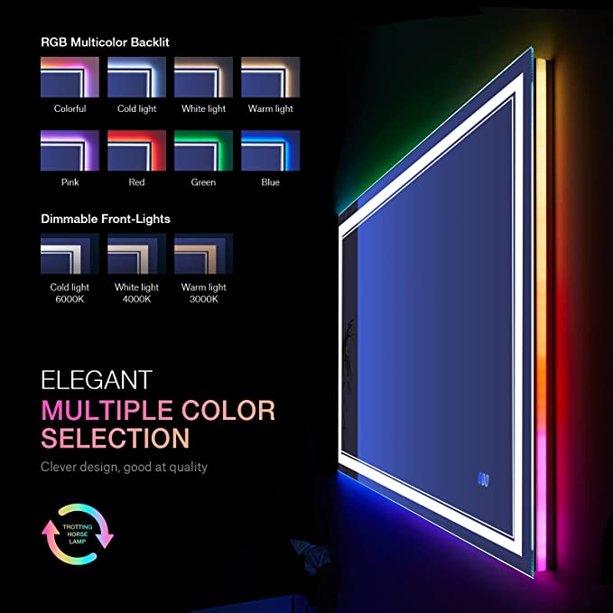 ODBO W60 x H36" Square RGB Color Changing Dimmable Vanity Mirror Silver L001AC15090RGB