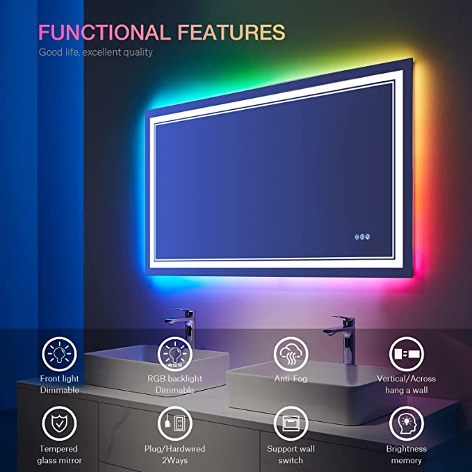 ODBO W60 x H36" Square RGB Color Changing Dimmable Vanity Mirror Silver L001AC15090RGB