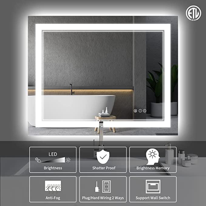 ODBO W72 x H36" Square Memory Lighted Vanity wall mirror,Silver L001B18191