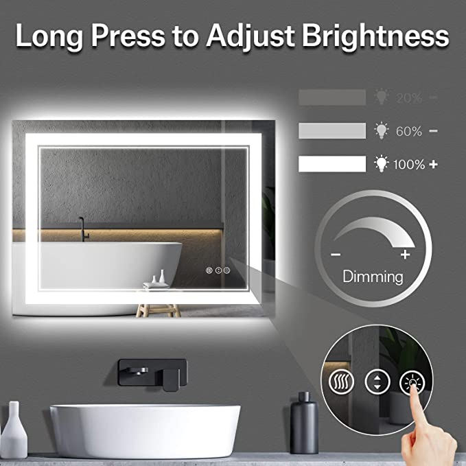ODBO W72 x H36" Square Memory Lighted Vanity wall mirror,Silver L001B18191