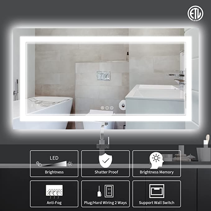 ODBO W60 x H28" Square LED Lighted Bathroom Mirror with Front and Backlight Silver L001B15070