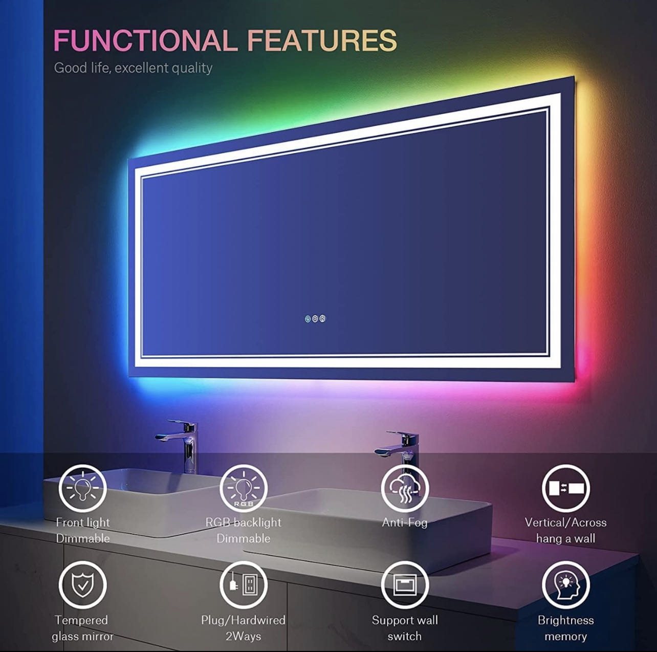 ODBO W72 x H36" Square Wall mirror with lights Vanity Mirror,Silver L001AC213801RGB