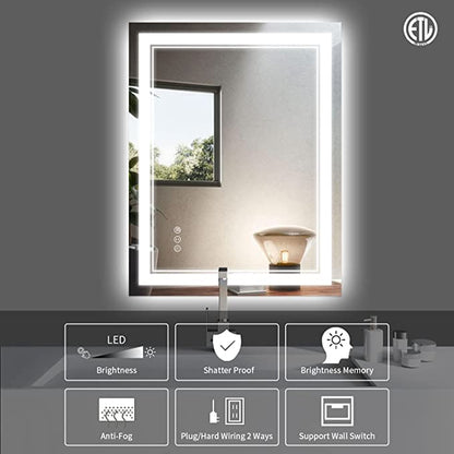 ODBO W20 x H28" Square LED Bathroom Mirror Anti-fog 3 Color,Silver L001AC5070