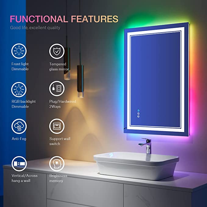 ODBO W24 x H32" Square Backlit Mirror Shatterproof Dimmable Anti-Fog,Silver L001AC8060RGB