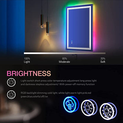 ODBO W24 x H36" Square LED Bathroom Mirror with Lights RGB Backlit Color Changing Silver L001AC6090RGB