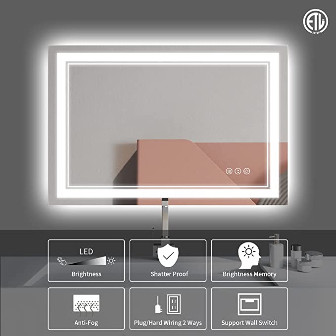 ODBO W55 x H30" Square LED Colorful Mirror for Bathroom,Silver L001B3975