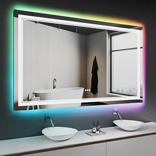 ODBO W72 x H32" Square Front Light and Backlit Anti-Fog Mirror Silver L001AC18181RGB