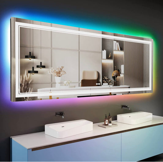 ODBO W84 x H32" Square Bathroom Shatterproof Wall-Mounted mirror with lights Silver L001AC18181RGB