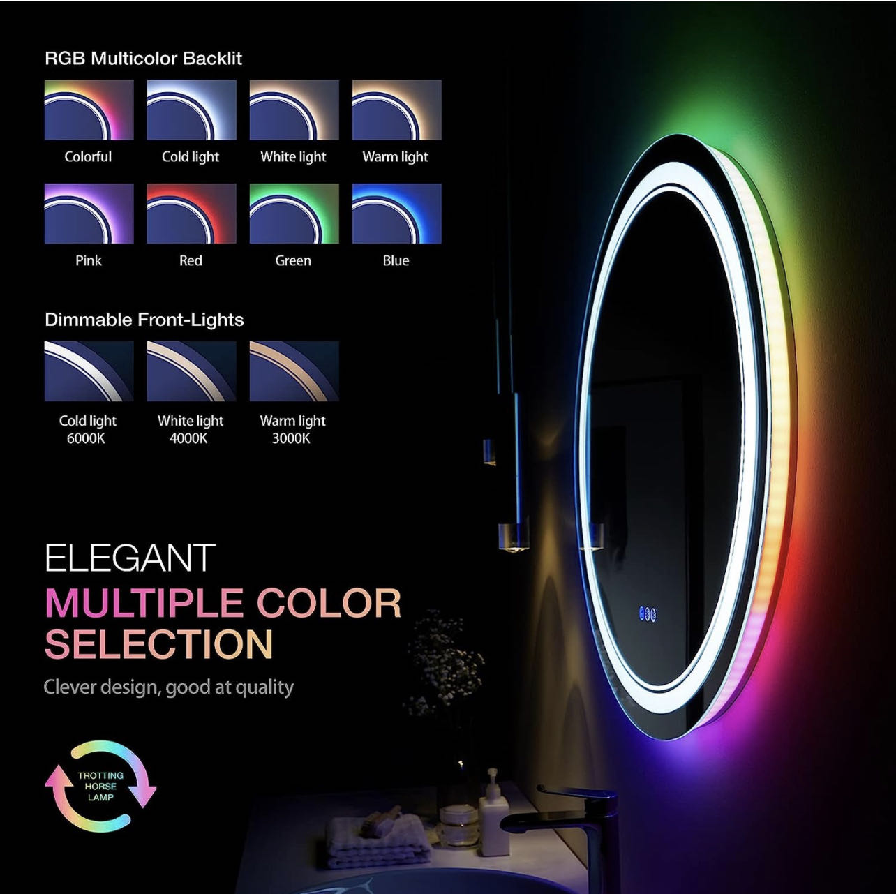 ODBO W24 x H32" Round Black Wall Mirror for Bathroom for over sink,Silver X-L050AC6080RGB