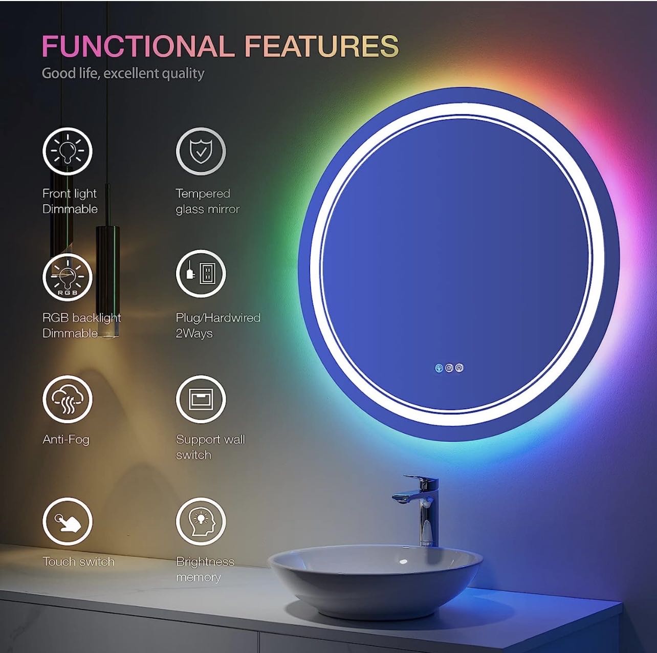 ODBO W24 x H32" Round Black Wall Mirror for Bathroom for over sink,Silver X-L050AC6080RGB